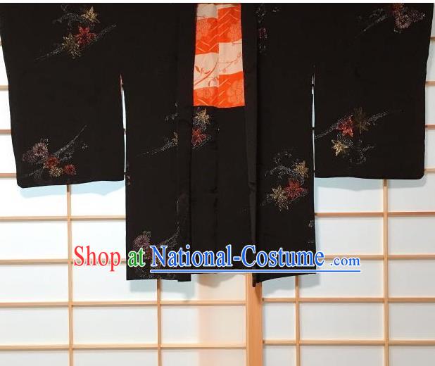 Japanese Traditional Embroidered Maple Leaf Pattern Black Haori Jacket Japan Kimono Overwear Costume for Men