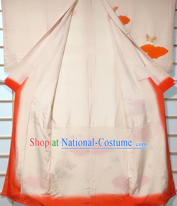 Japanese Traditional Printing Butterfly White Furisode Kimono Japan Yukata Dress Costume for Women