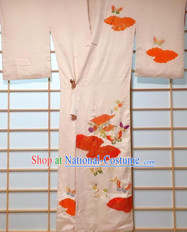 Japanese Traditional Printing Butterfly White Furisode Kimono Japan Yukata Dress Costume for Women