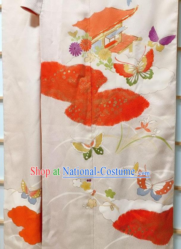 Japanese Traditional Printing Butterfly White Furisode Kimono Japan Yukata Dress Costume for Women