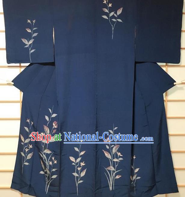 Japanese Traditional Printing Navy Furisode Kimono Japan Yukata Dress Costume for Women