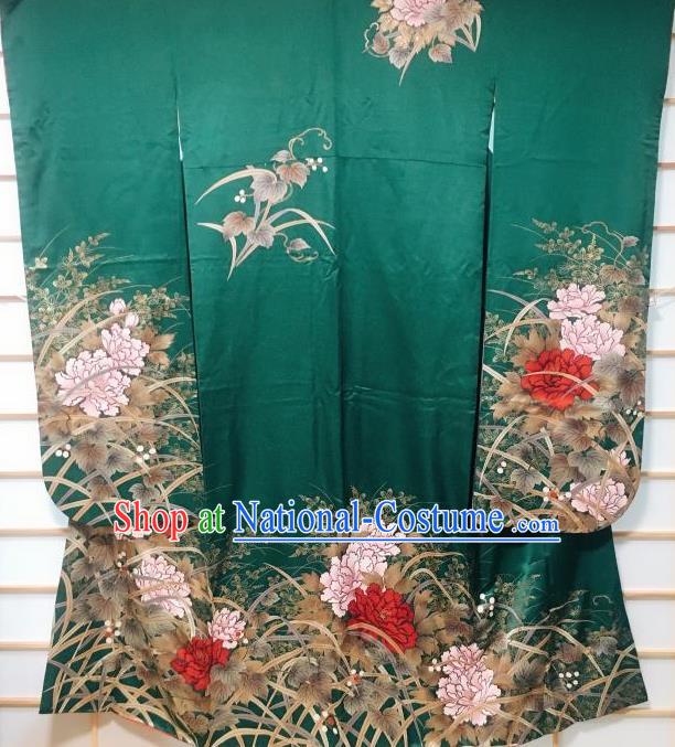 Japanese Traditional Printing Peony Green Furisode Kimono Japan Iromuji Yukata Dress Costume for Women