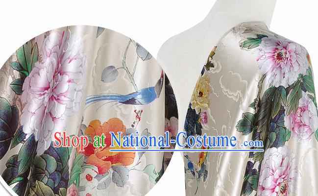 Chinese Classical Peony Pattern Design Beige Silk Fabric Asian Traditional Hanfu Mulberry Silk Material