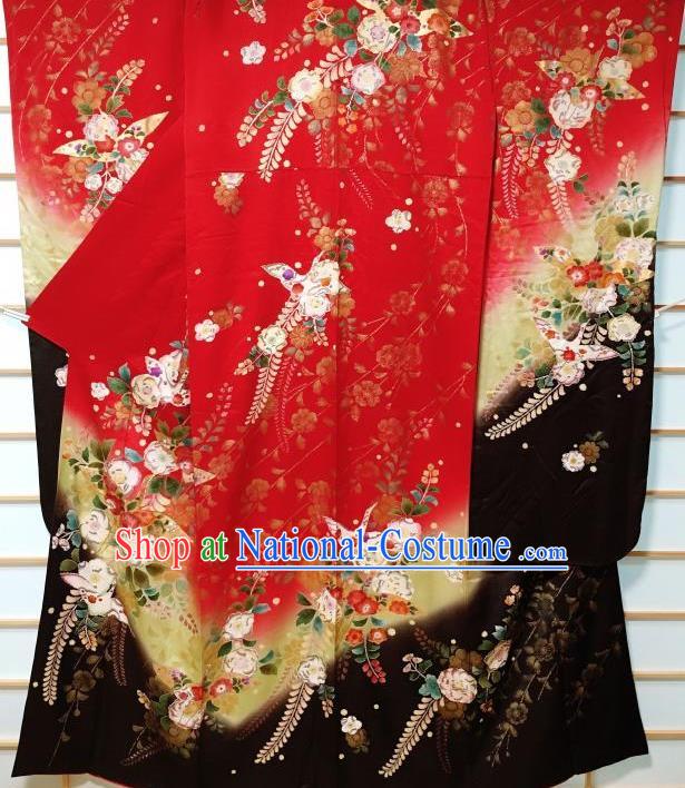 Japanese Traditional Embroidered Camellia Red Furisode Kimono Japan Yukata Dress Costume for Women