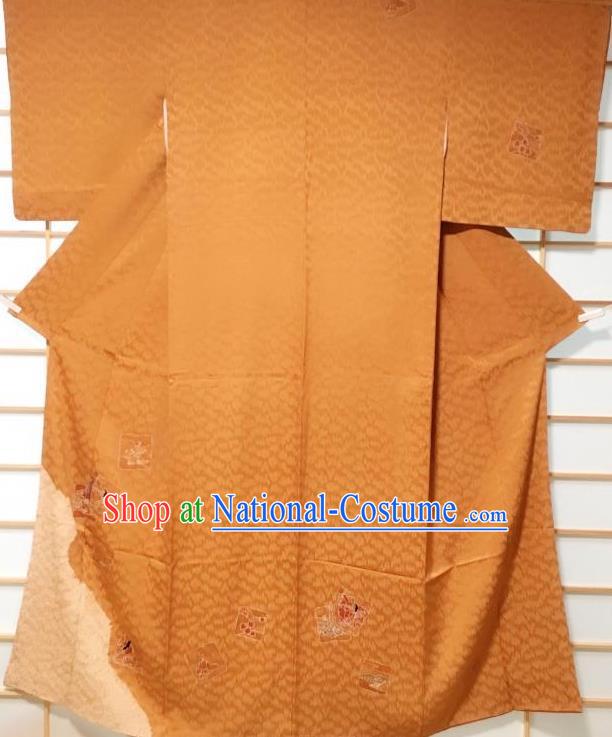 Japanese Traditional Orange Furisode Kimono Japan Yukata Dress Costume for Women