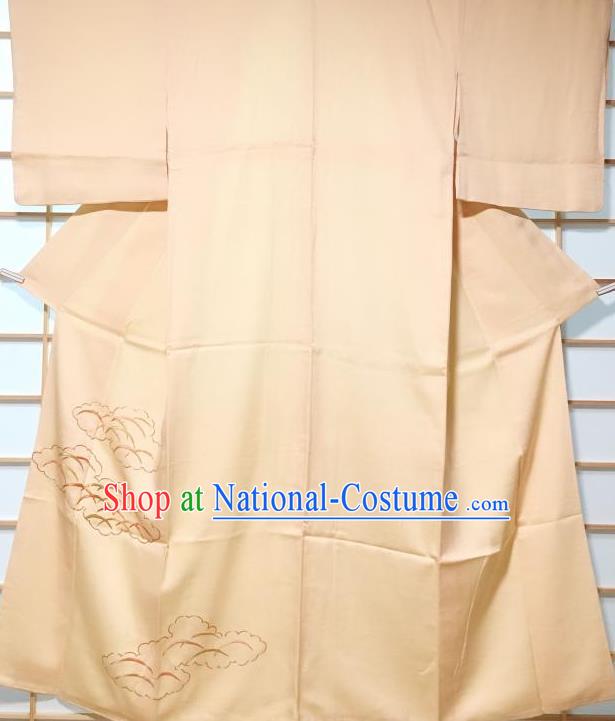 Japanese Traditional Embroidered Apricot Furisode Kimono Japan Yukata Dress Costume for Women