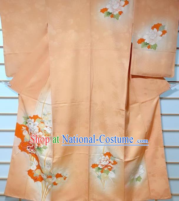 Japanese Traditional Printing Peony Orange Furisode Kimono Japan Yukata Dress Costume for Women