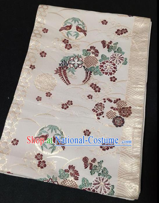 Japanese Traditional Embroidered Flower Bird Beige Brocade Waistband Japan Kimono Yukata Belt for Women