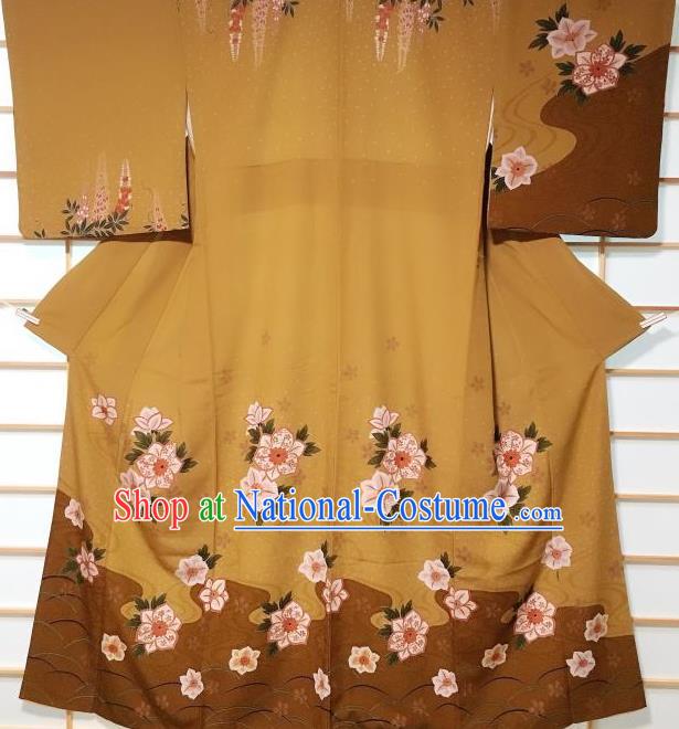 Japanese Traditional Printing Camellia Ginger Furisode Kimono Japan Yukata Dress Costume for Women