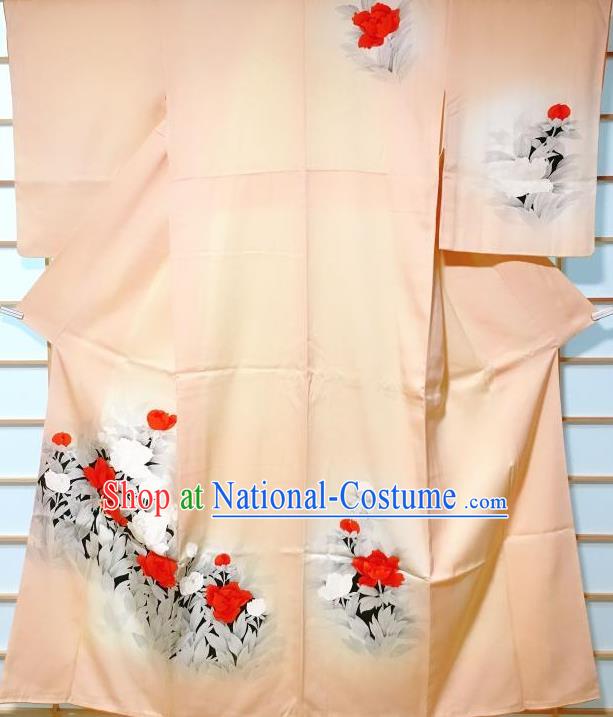 Traditional Japanese Printing Peony Orange Furisode Kimono Japan Yukata Dress Costume for Women