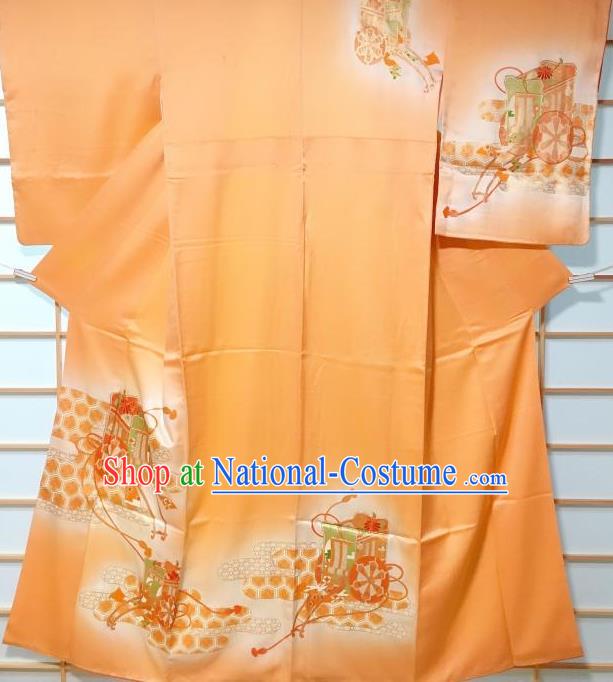 Traditional Japanese Printing Wheel Orange Furisode Kimono Japan Yukata Dress Costume for Women