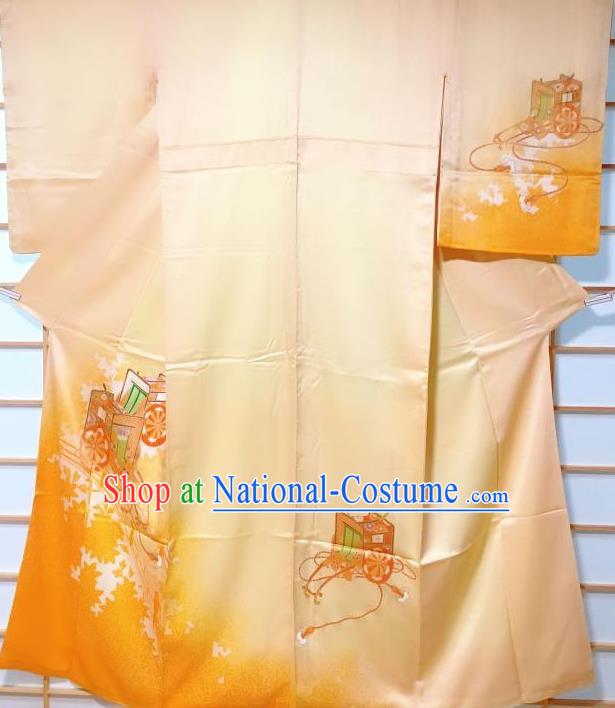 Traditional Japanese Printing Maple Leaf Yellow Furisode Kimono Japan Yukata Dress Costume for Women