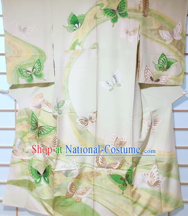 Traditional Japanese Printing Butterfly Light Green Furisode Kimono Japan Yukata Dress Costume for Women