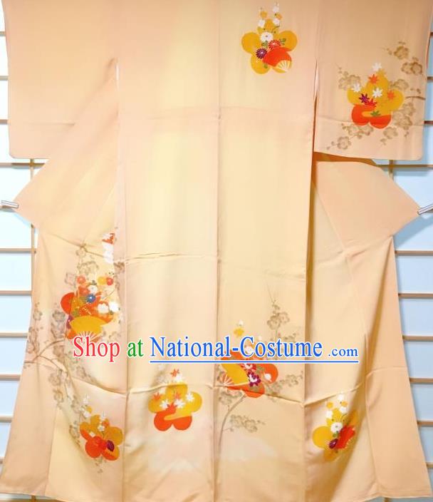 Traditional Japanese Printing Plum Fan Orange Furisode Kimono Japan Yukata Dress Costume for Women