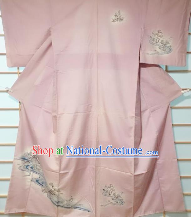 Traditional Japanese Printing Flowers Lilac Furisode Kimono Japan Yukata Dress Costume for Women