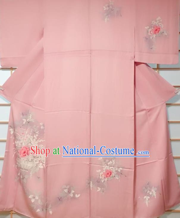 Traditional Japanese Printing Peony Vase Pink Furisode Kimono Japan Yukata Dress Costume for Women