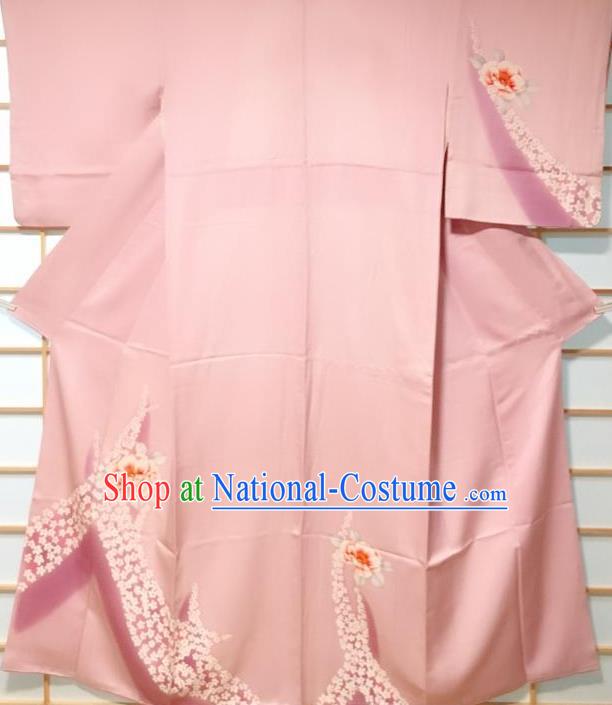 Traditional Japanese Printing Camellia Pink Furisode Kimono Japan Yukata Dress Costume for Women