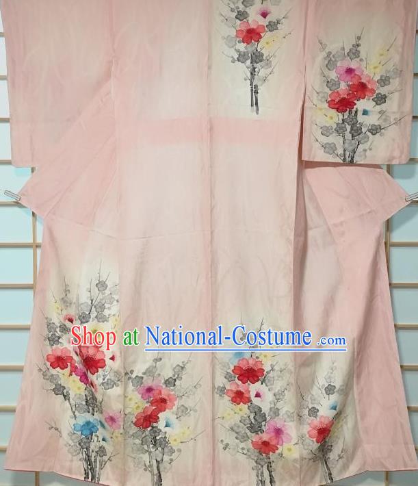 Traditional Japanese Classical Camellia Pattern Pink Kimono Japan Yukata Dress Costume for Women