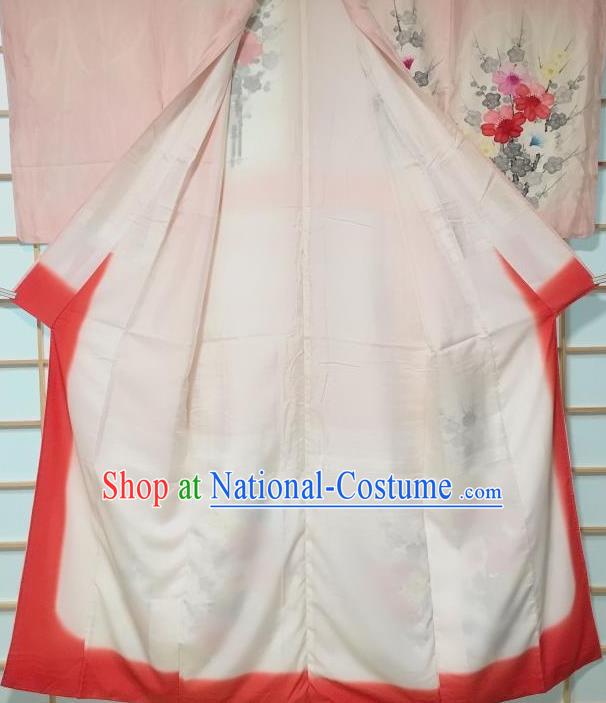 Traditional Japanese Classical Camellia Pattern Pink Kimono Japan Yukata Dress Costume for Women