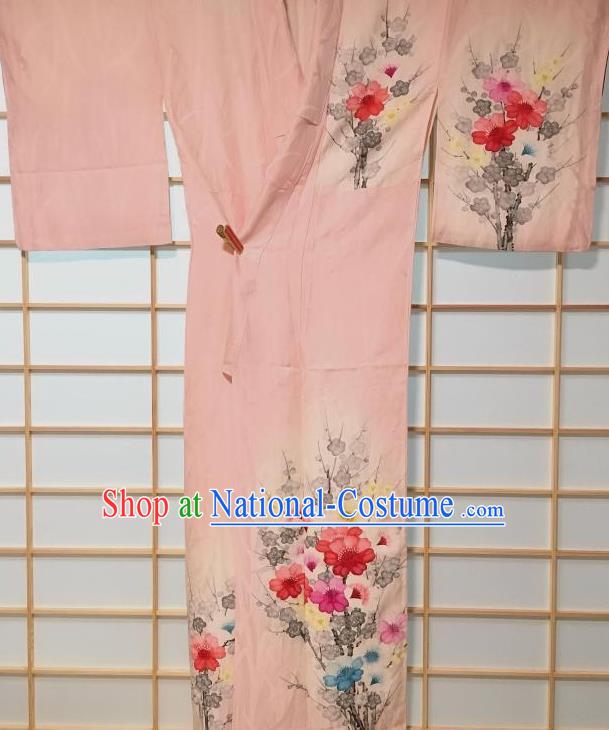 Traditional Japanese Classical Camellia Pattern Pink Kimono Japan Yukata Dress Costume for Women