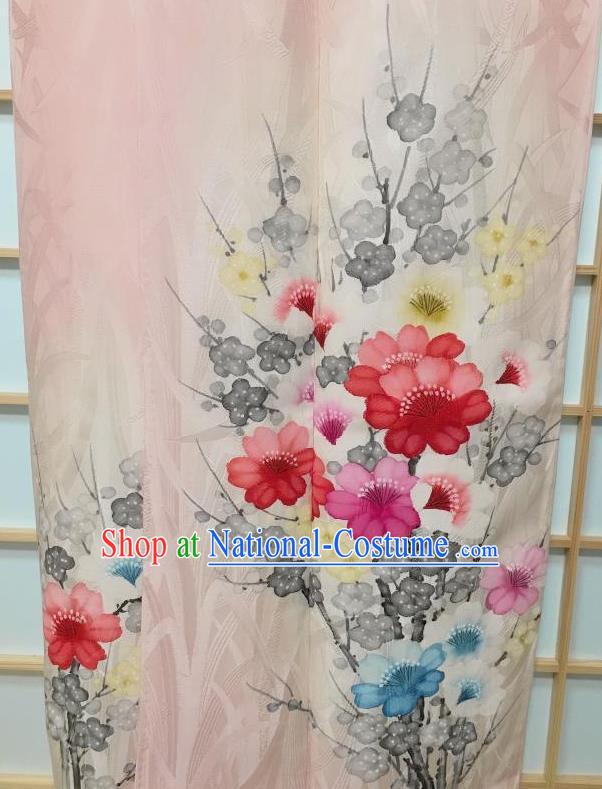 Traditional Japanese Classical Camellia Pattern Pink Kimono Japan Yukata Dress Costume for Women