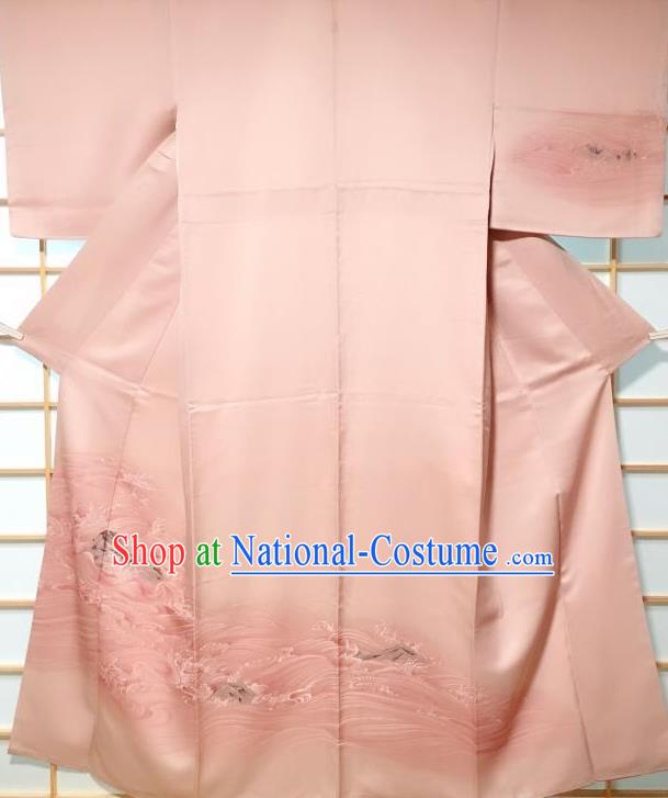 Traditional Japanese Classical Waves Pattern Pink Kimono Japan Yukata Dress Costume for Women