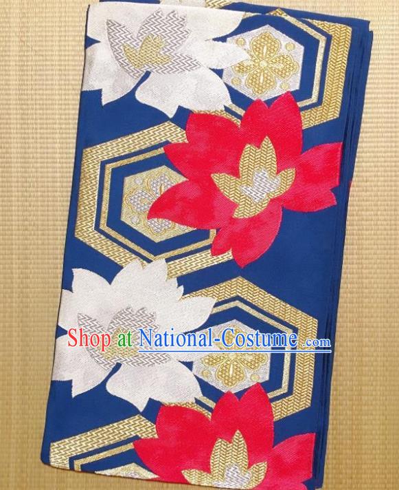 Japanese Traditional Embroidered Flowers Blue Brocade Waistband Japan Kimono Yukata Belt for Women