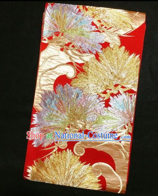 Japanese Traditional Embroidered Pine Needle Red Brocade Waistband Japan Kimono Yukata Belt for Women