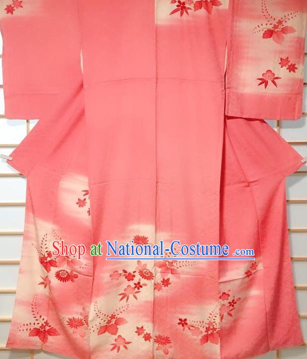 Traditional Japanese Printing Maple Leaf Pink Furisode Kimono Japan Yukata Dress Costume for Women