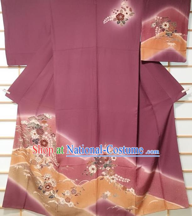 Traditional Japanese Printing Flowers Bird Purple Furisode Kimono Japan Yukata Dress Costume for Women