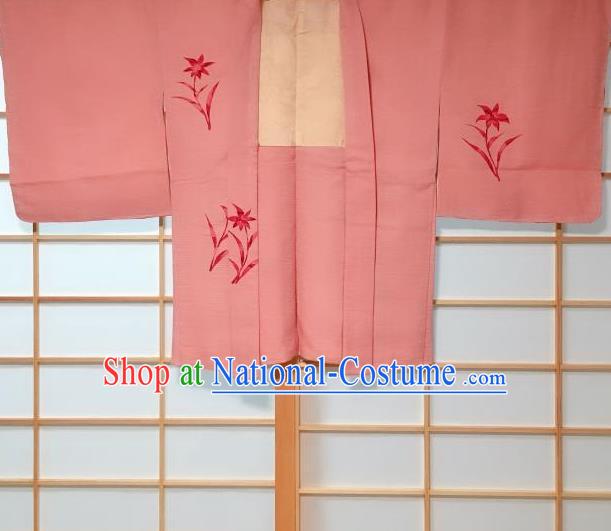 Japanese Traditional Printing Orchid Pattern Pink Haori Jacket Japan Kimono Overcoat Costume for Women