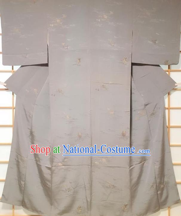 Japanese Traditional Embroidered Pattern Grey Silk Kimono Japan Yukata Dress Costume for Women