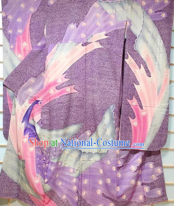 Japanese Traditional Peacock Pattern Purple Silk Furisode Kimono Japan Yukata Dress Costume for Women