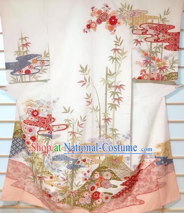 Japanese Traditional Chrysanthemum Bamboo Pattern Beige Tsukesage Kimono Japan Yukata Dress Costume for Women