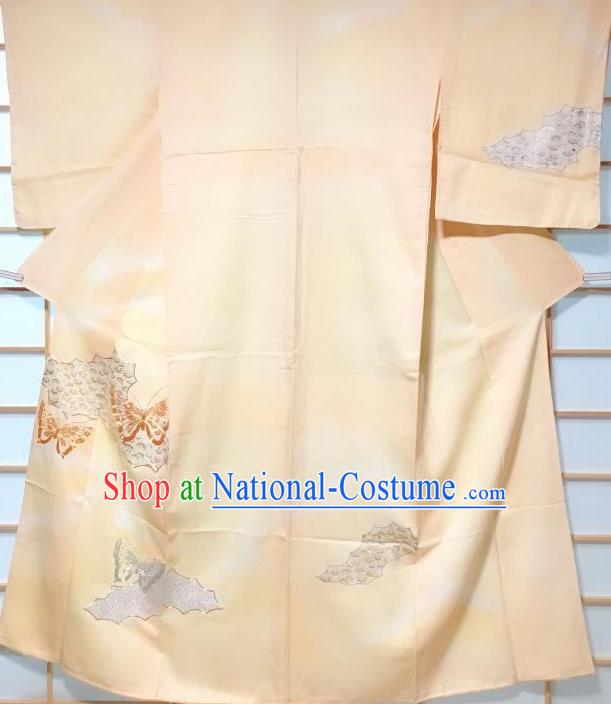 Japanese Traditional Embroidered Butterfly Pattern Light Yellow Tsukesage Kimono Japan Yukata Dress Costume for Women