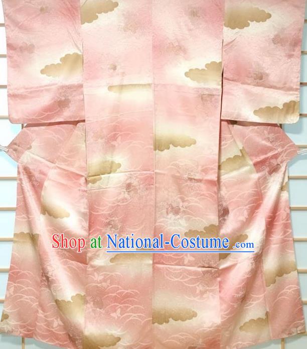 Japanese Classical Butterfly Pattern Pink Silk Kimono Japan Traditional Yukata Dress Costume for Women