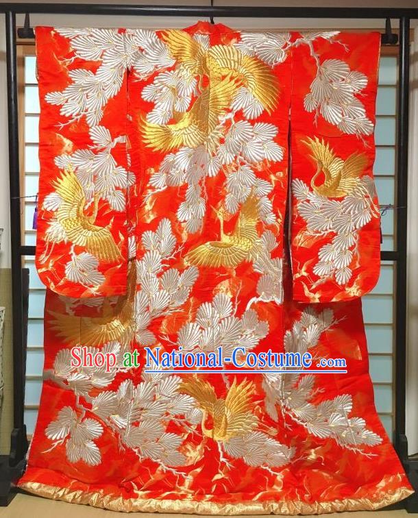 Traditional Japanese Geisha Pine Crane Pattern Red Furisode Kimono Japan Yukata Long Over Dress Costume for Women