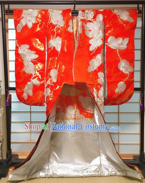 Traditional Japanese Geisha Pine Crane Pattern Red Furisode Kimono Japan Yukata Long Over Dress Costume for Women