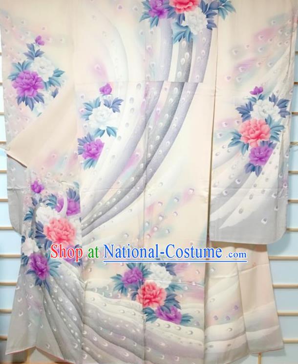 Traditional Japanese Geisha Printing Peony White Silk Furisode Kimono Japan Yukata Dress Costume for Women