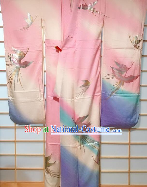 Japanese Traditional Peacock Pattern Pink Furisode Kimono Japan Yukata Dress Costume for Women