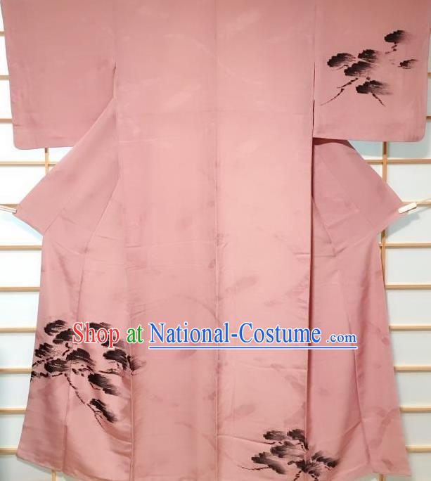 Japanese Traditional Ink Pine Pattern Deep Pink Kimono Japan Yukata Dress Costume for Women