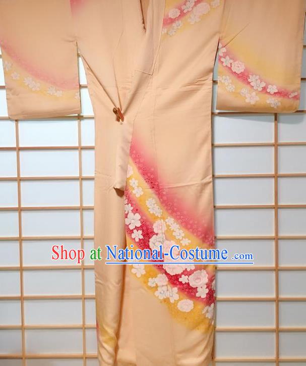 Japanese Classical Sakura Pattern Apricot Kimono Japan Traditional Yukata Dress Costume for Women