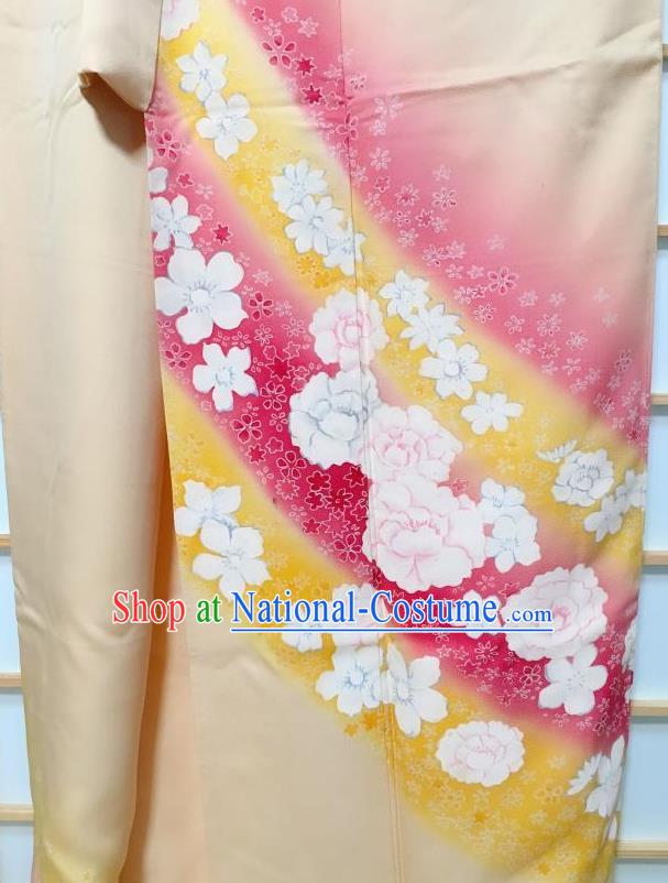 Japanese Classical Sakura Pattern Apricot Kimono Japan Traditional Yukata Dress Costume for Women