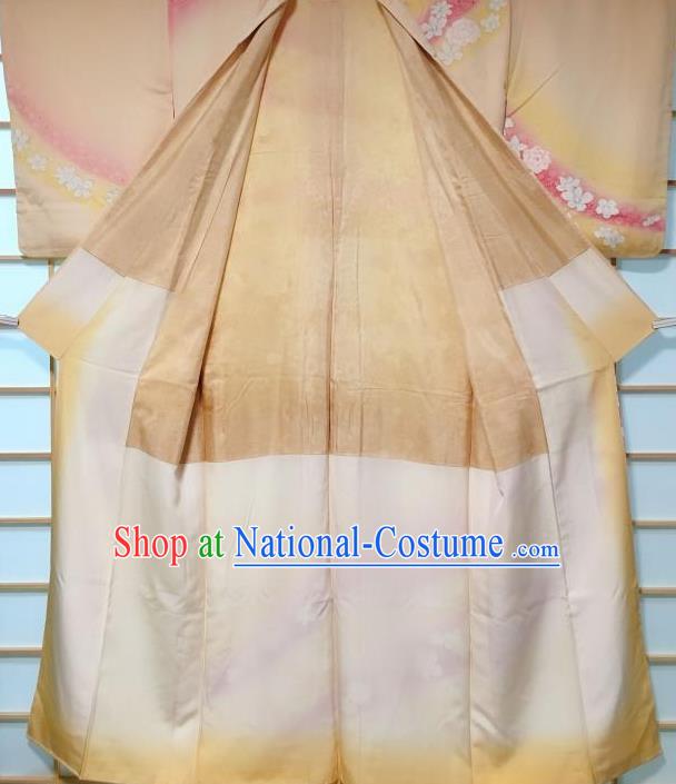 Japanese Classical Sakura Pattern Apricot Kimono Japan Traditional Yukata Dress Costume for Women