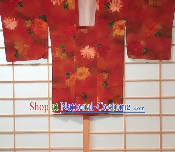 Japanese Traditional Printing Flowers Pattern Red Haori Jacket Japan Kimono Overcoat Costume for Women