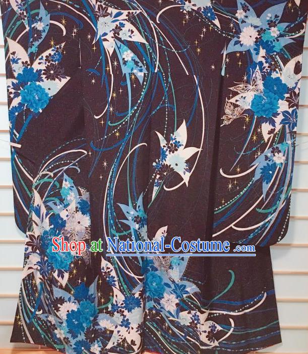 Japanese Classical Peony Butterfly Pattern Black Furisode Kimono Japan Traditional Yukata Dress Costume for Women