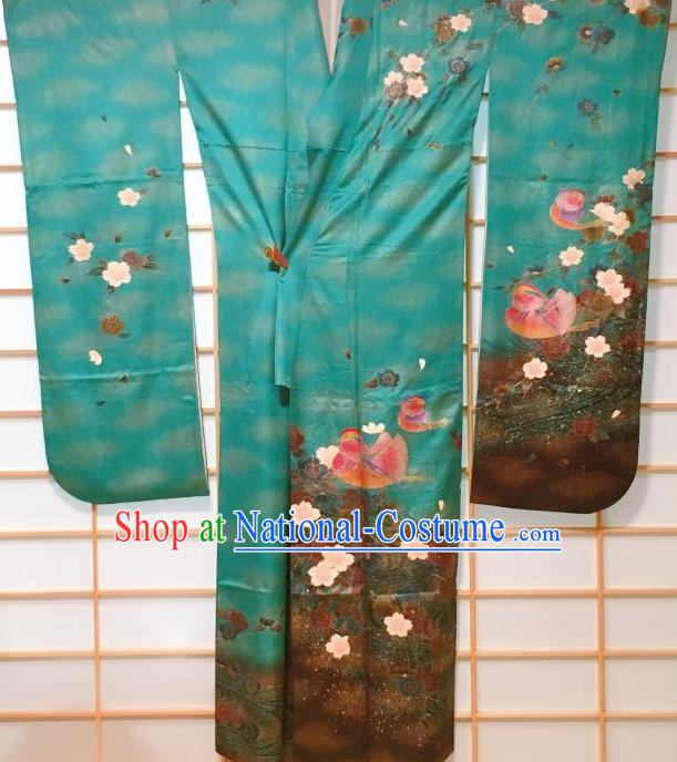 Traditional Japanese Green Furisode Kimono Japan Classical Mandarin Duck Pattern Yukata Dress Costume for Women