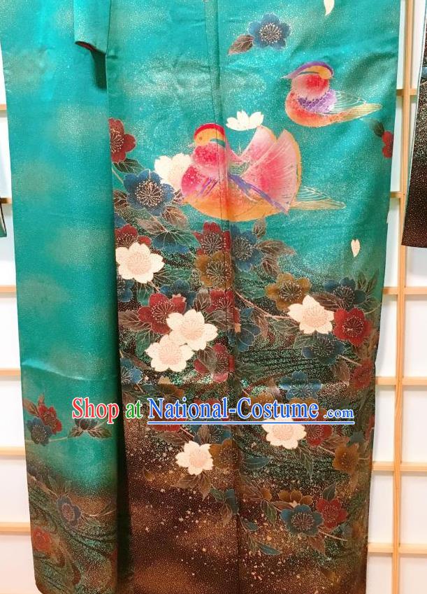 Traditional Japanese Green Furisode Kimono Japan Classical Mandarin Duck Pattern Yukata Dress Costume for Women