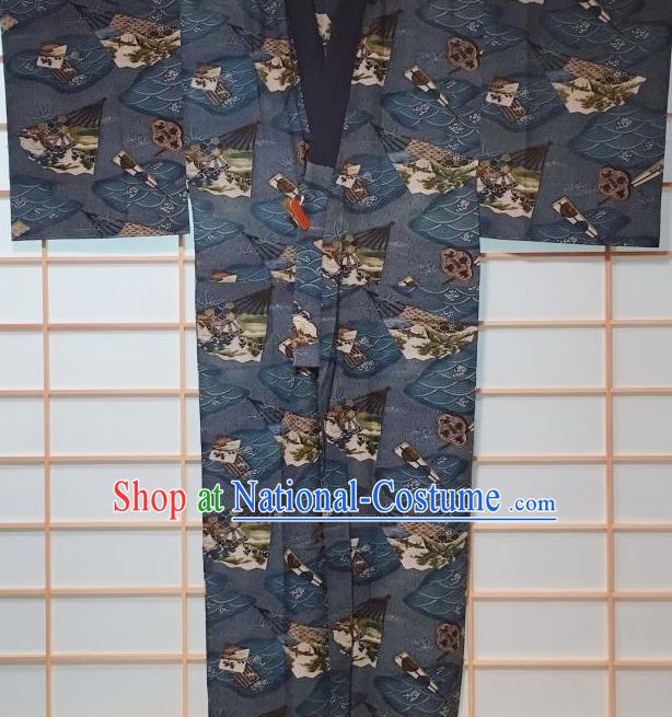 Traditional Japanese Ukiyoe Pattern Navy Hanten Kimono Japan Yukata Costume for Men