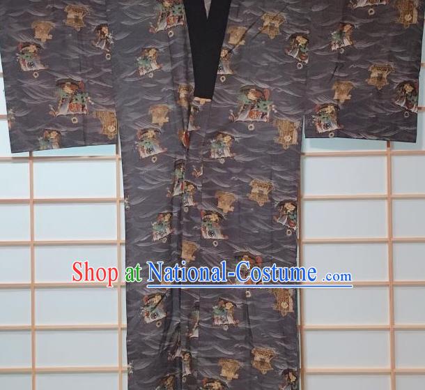 Traditional Japanese Wave Boat Pattern Grey Hanten Kimono Japan Yukata Costume for Men